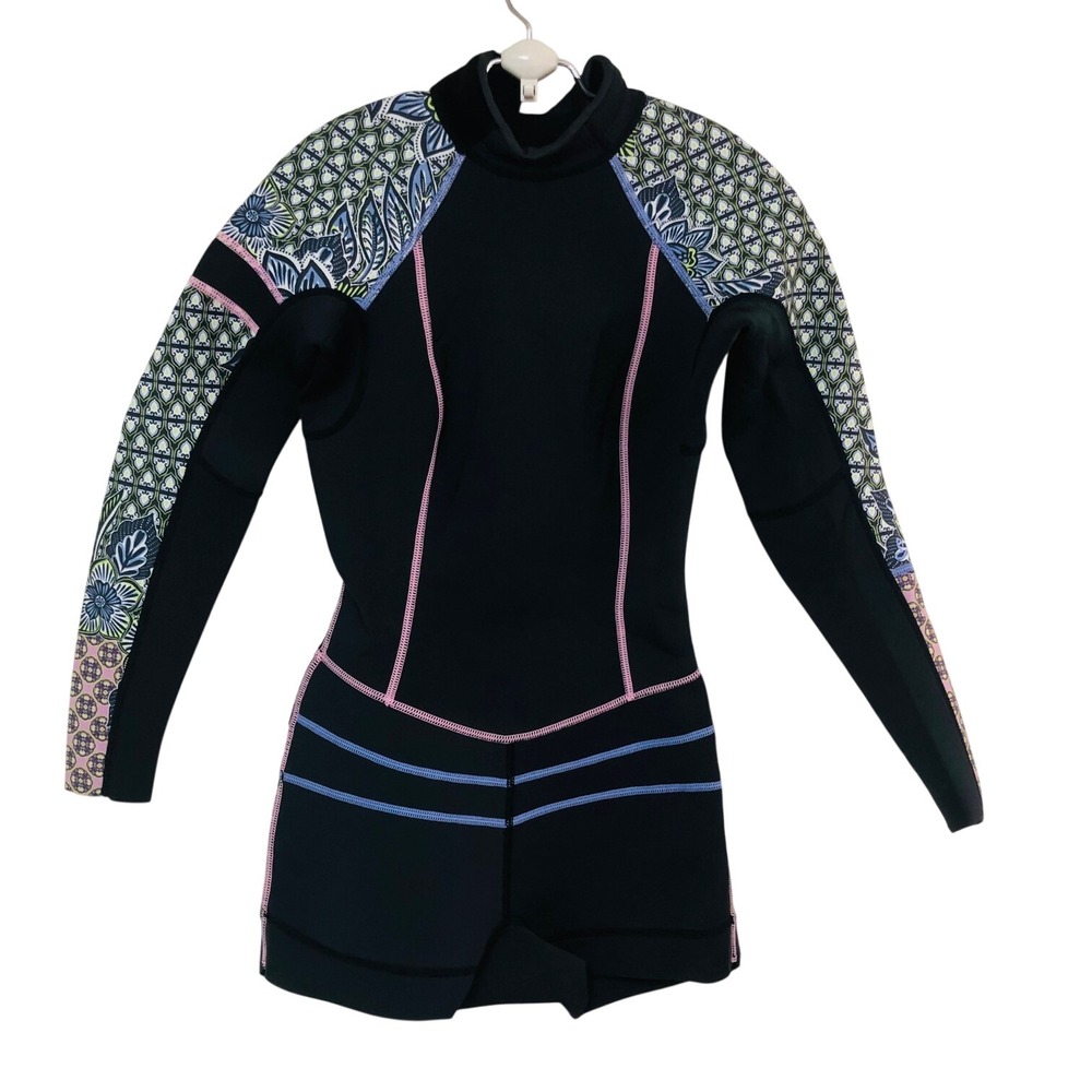 Prana Short Wetsuit Springsuit Womens XS Black Floral Long Slv Scuba Rash Guard - Picture 3 of 8